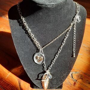 New long layered necklace with heart & feather pendants